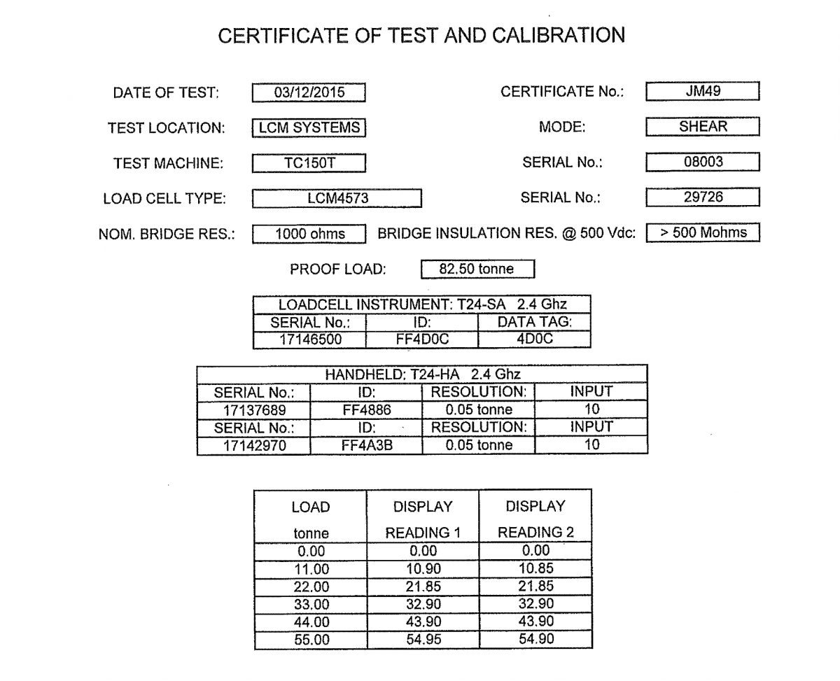 lcm4573 Kalibrierungszertifikat für niedrige Temperaturen Schäkel-Kraftaufnehmer